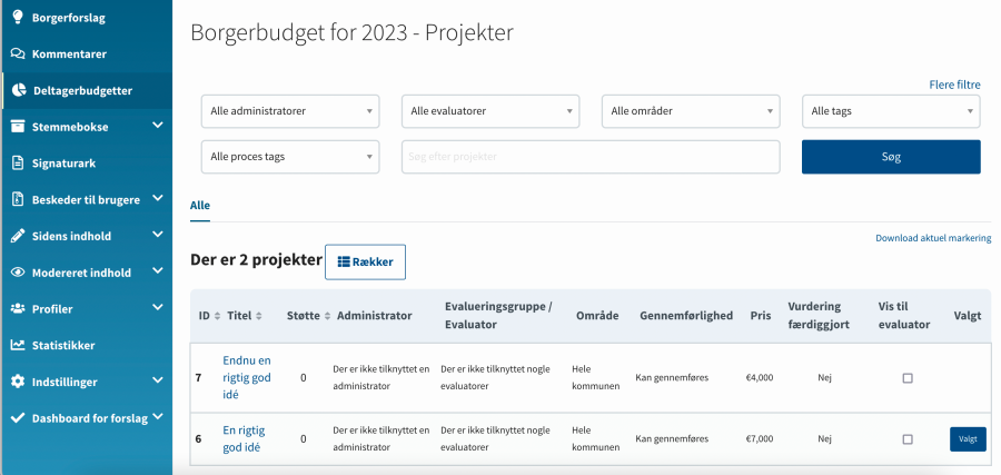 OS2consul deltagerbudgetter forslagsoversigt