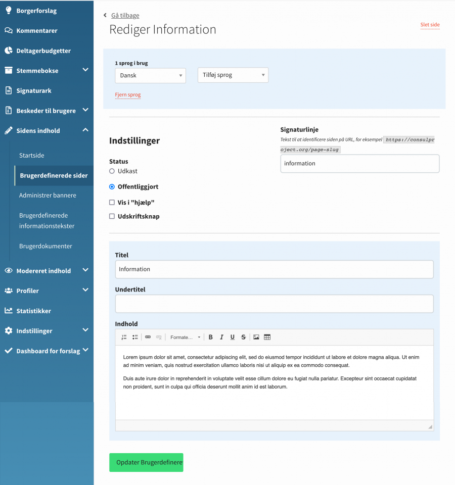 OS2consul admin brugerdefinerede informationssider rediger